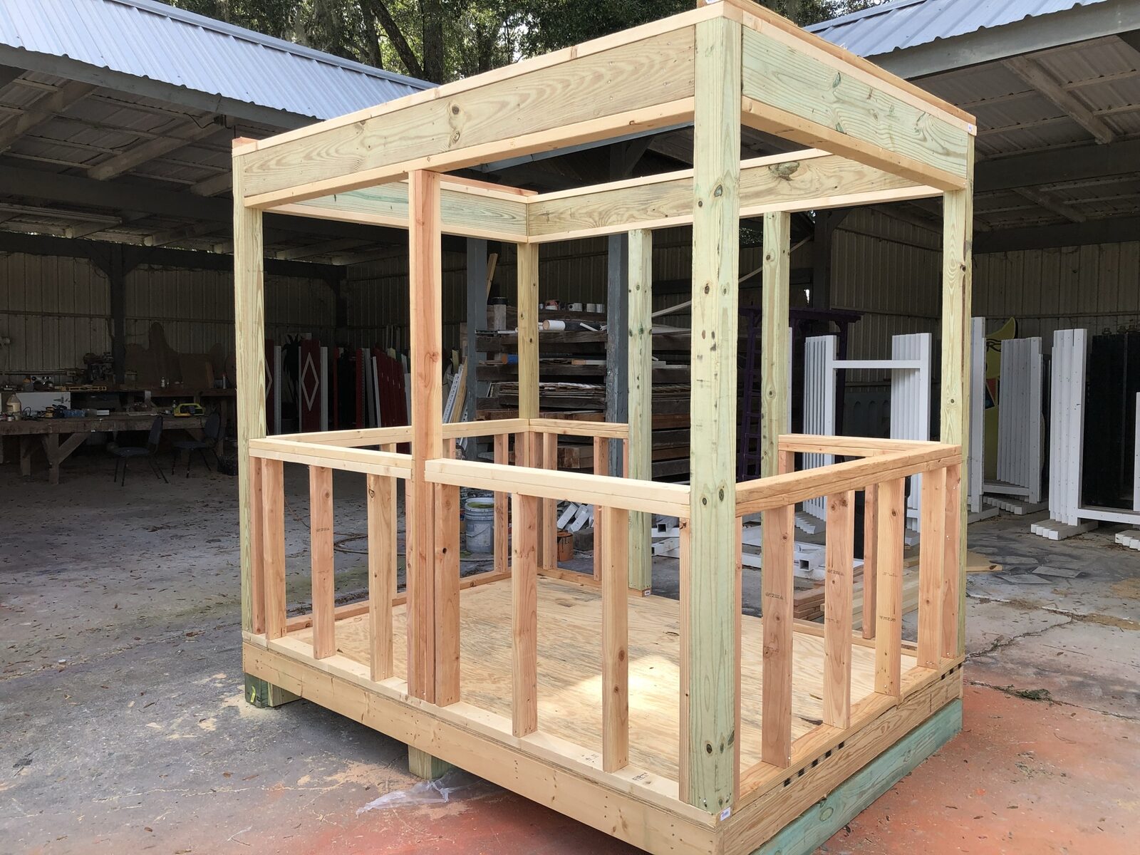 Small custom framed structure being built in the shop before delivery